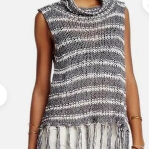 Free People Folksong Fringe Knit Crochet Vest Sweater/Tunic Size Large